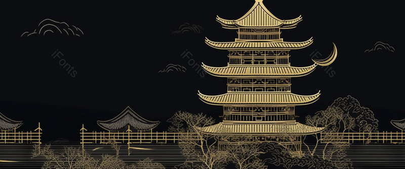 黑金质感国潮风古建筑塔手绘横板壁纸,插画/手绘图,插画/手绘图库,插画/手绘图下载,插画/手绘